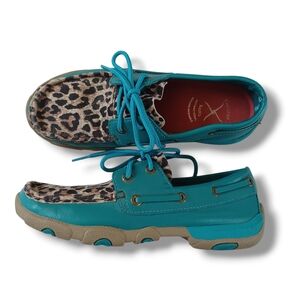 Twisted X Womens Driving Mocs Boat Shoes Moccasins Turquoise Leopard Size 5.5